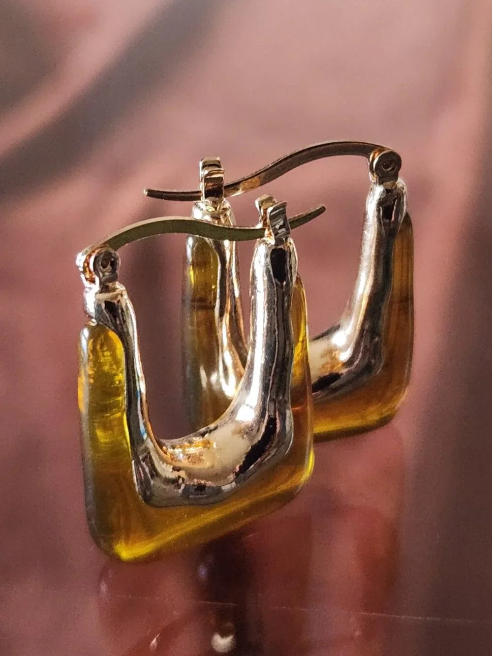 Retro Chunky Resin & Gold Rectangle U-Hoop Earrings in Brown.